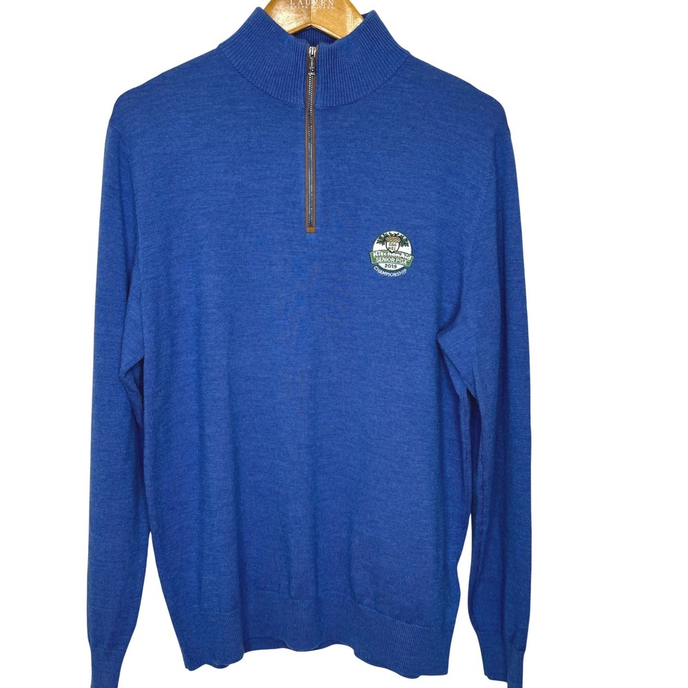 Polo Golf Ralph Lauren Wool 1/4 Zip Sweater -‎ Logo Med Blue Large Back Pony